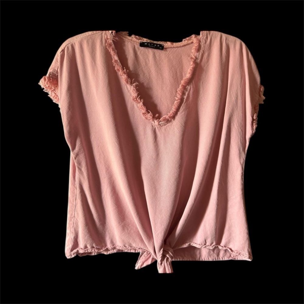Maven west Pink Frayed V-Neck tie front Women Top - Picture 2 of 8